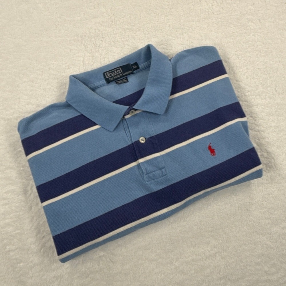 Polo Ralph Lauren Mens XL Blue Striped Short Sleeve Pique Polo Shirt Red Pony